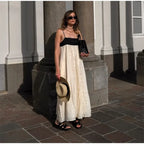 Contrast Splicing Loose Sling Long Women Square Collar Sleeveless Backless High Waist Dress
