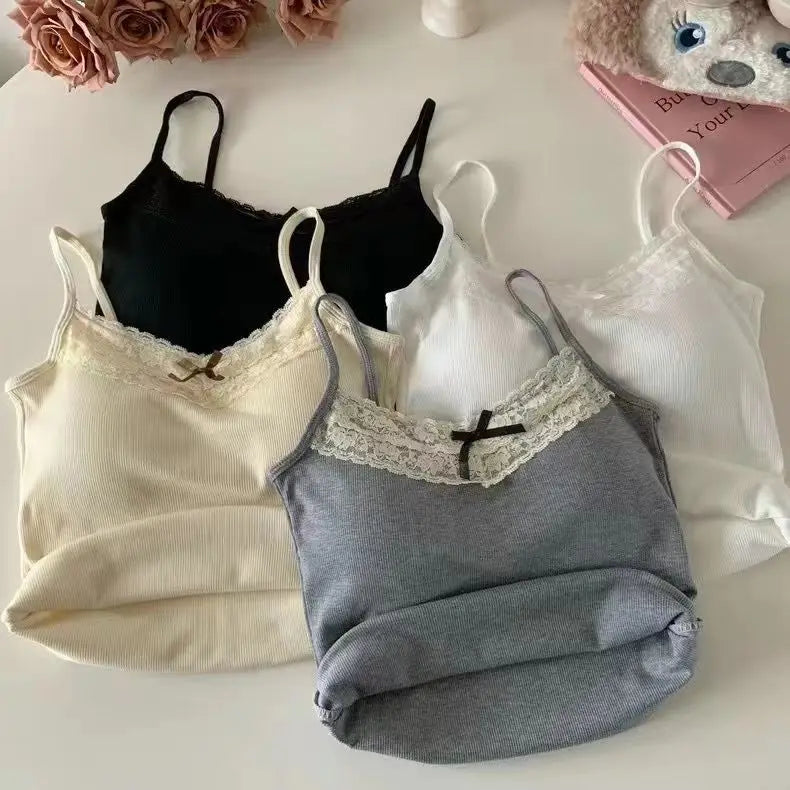 Lace Patchwork Corset Cami Featuring Bow And Chest Pad