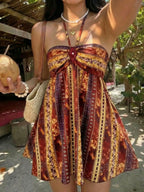 Bohemian Paisley Sequin Halter Mini Dress With Rhombus Print