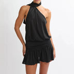 Vintage Polka Dot Backless Halter Dress With Ruffles And Pleated Skirt
