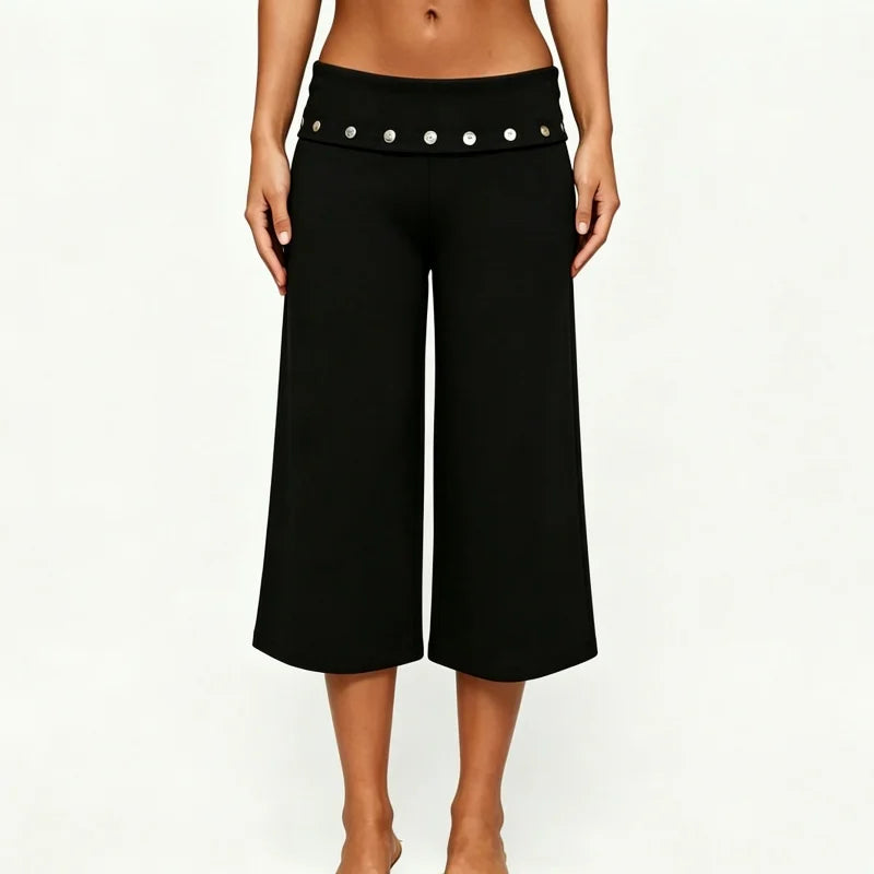 Fold Over Rivet Capri Women With Low Rise Knee Length Stretch Pants