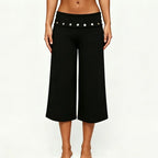 Fold Over Rivet Capri Women With Low Rise Knee Length Stretch Pants