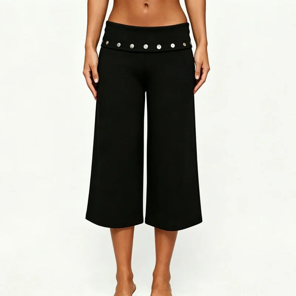 Fold Over Rivet Capri Women With Low Rise Knee Length Stretch Pants