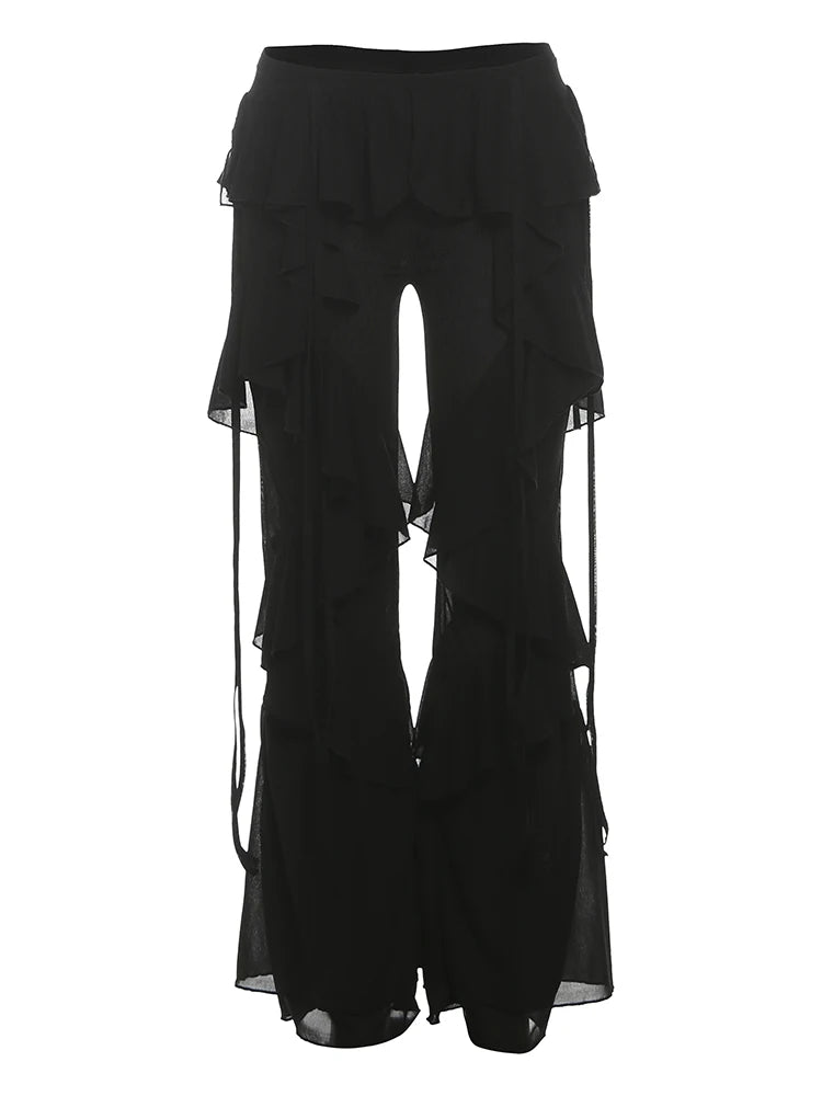 Irregular Tiered Flare Pants With Patchwork See Through