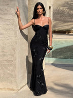 Chic Floral Embroidered Backless Maxi Dress With Low Neck And Crossback