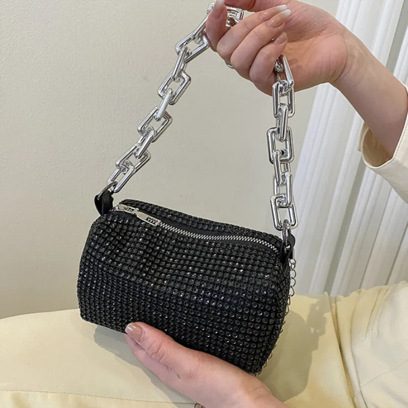 Mini Crossbody Rhinestone Bucket Bag With Glitter Chain Purse