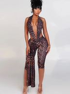Midnight Patchwork Halter Romper Backless Slim Fit