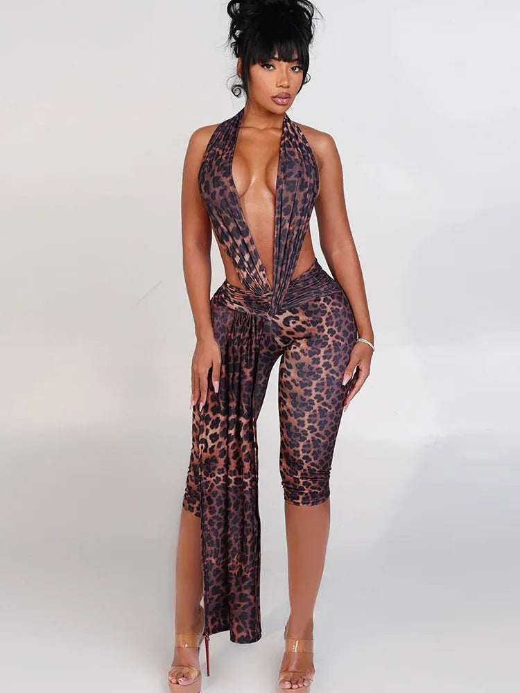 Midnight Patchwork Halter Romper Backless Slim Fit