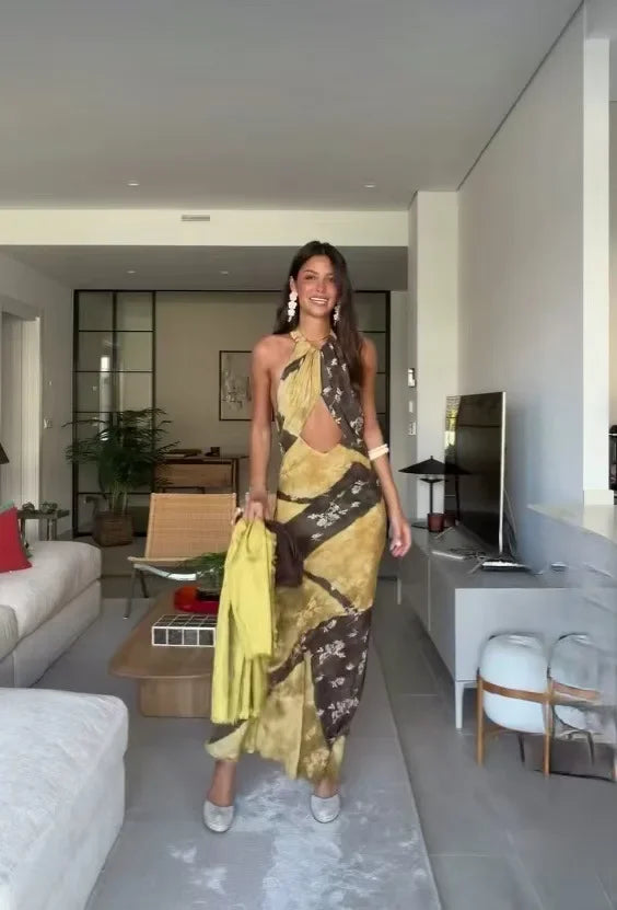 Sunny Yellow Floral Halter Maxi With Openwork Waist Vintage