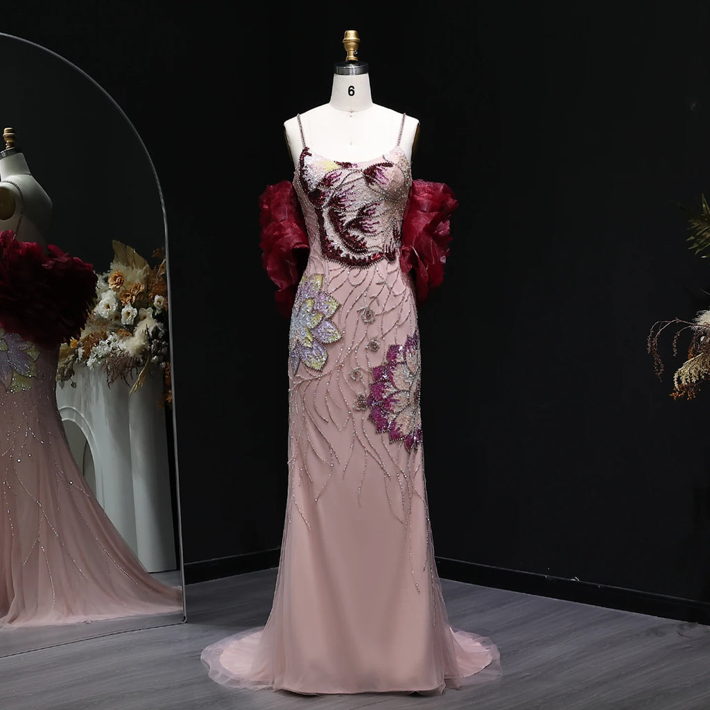 Elegant Pink Floral Beaded Evening Dress With Burgundy Shawl Cape For Women Party Gown