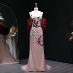 Elegant Pink Floral Beaded Evening Dress With Burgundy Shawl Cape For Women Party Gown