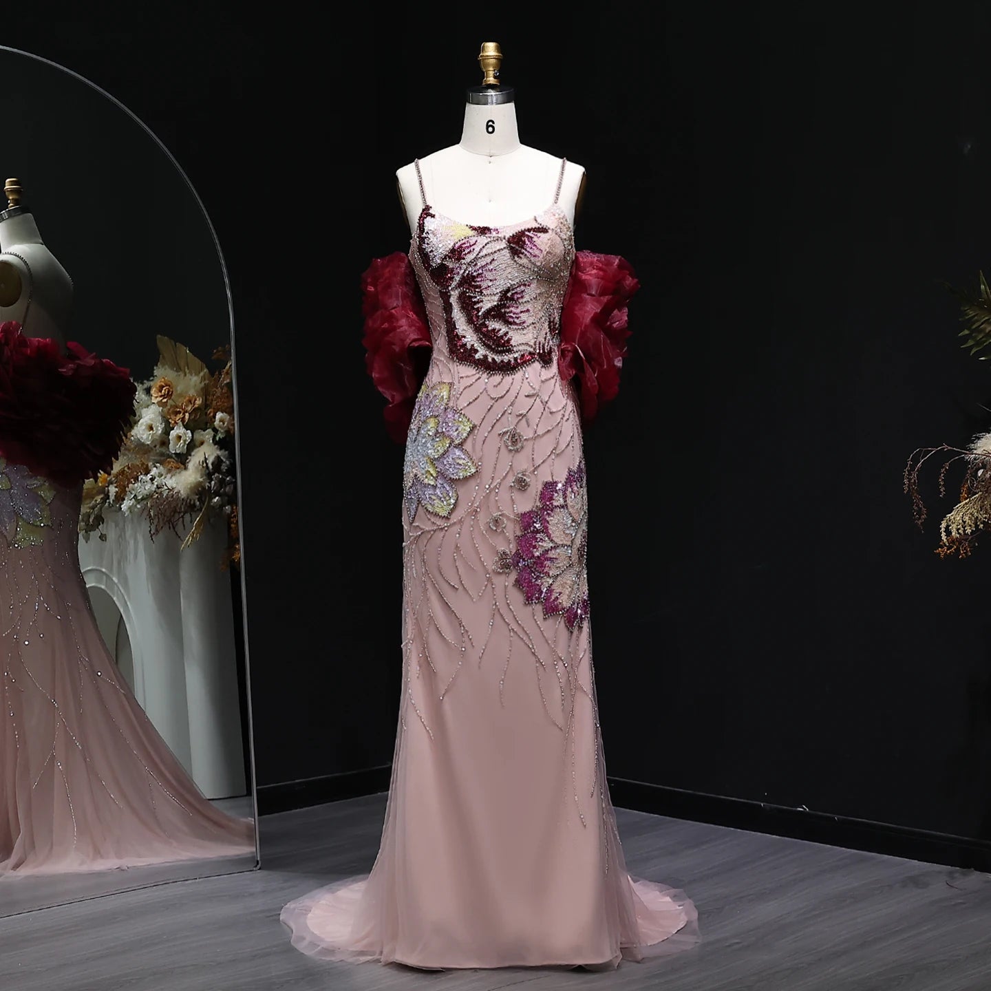 Elegant Pink Floral Beaded Evening Dress With Burgundy Shawl Cape For Women Party Gown