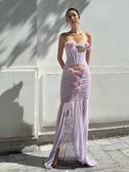 One Shoulder Floral Hollow Out Purple Maxi Dress