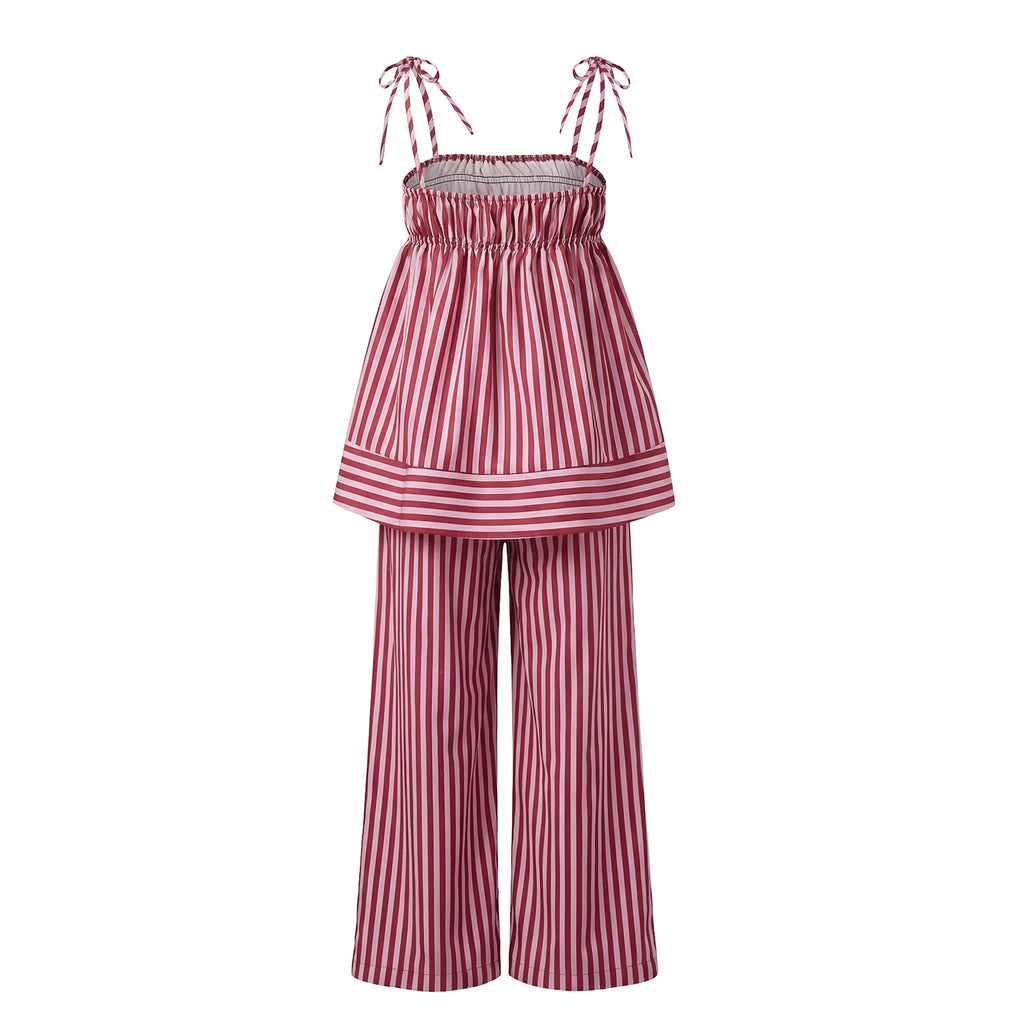 Striped Two Piece Pajama Set With Tie Shoulder Tank Top And Straight Pants