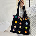 Boho Knitting Shoulder Bag With Floral Crochet