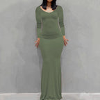 Long Sleeve Dress With Slim Silhouette And Flowing Maxi Skirt