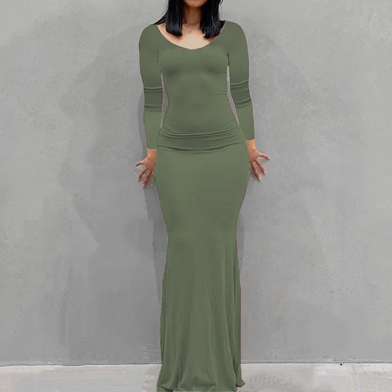 Long Sleeve Dress With Slim Silhouette And Flowing Maxi Skirt