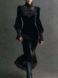 Retro Velvet Maxi Dress With Gothic Lace Patchwork Lantern Sleeves Elegant Bodycon Evening Gown