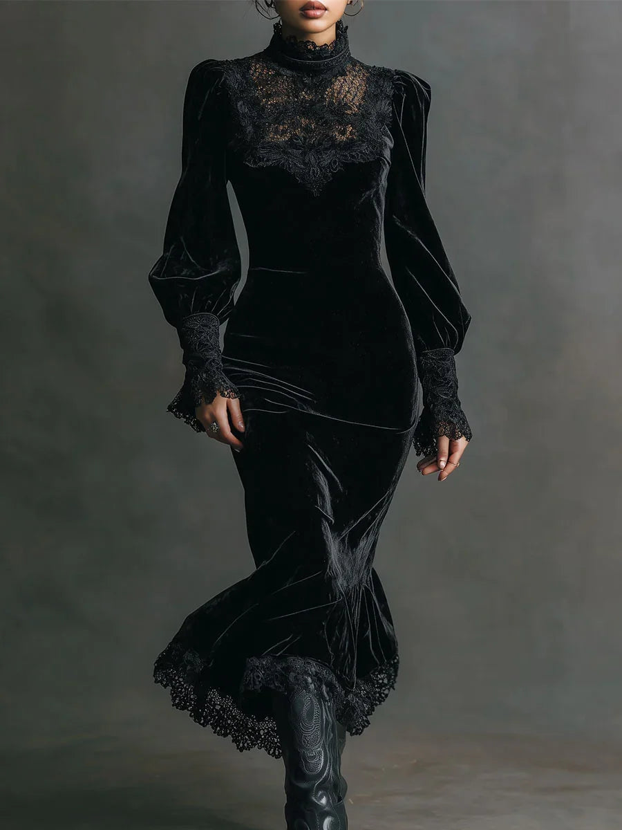 Retro Velvet Maxi Dress With Gothic Lace Patchwork Lantern Sleeves Elegant Bodycon Evening Gown