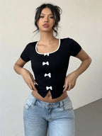 Square Neck Short Crop Top With Bow Black Bodycon Silhouette