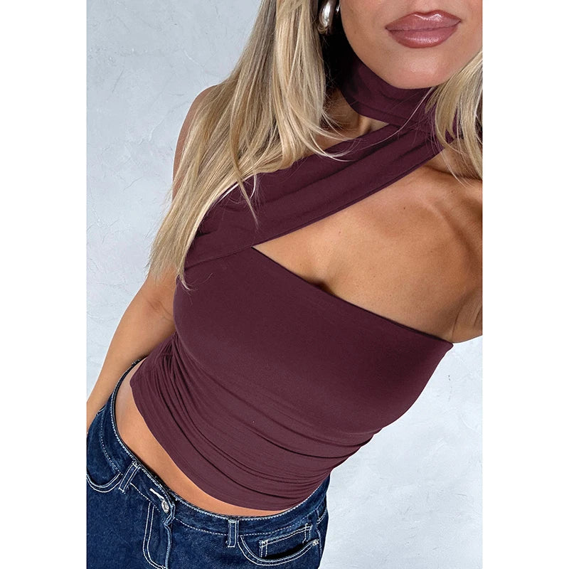 Elegant Halter Crop Top With Scarf Strap Ruched Slim Solid Design For Summer Streetwear