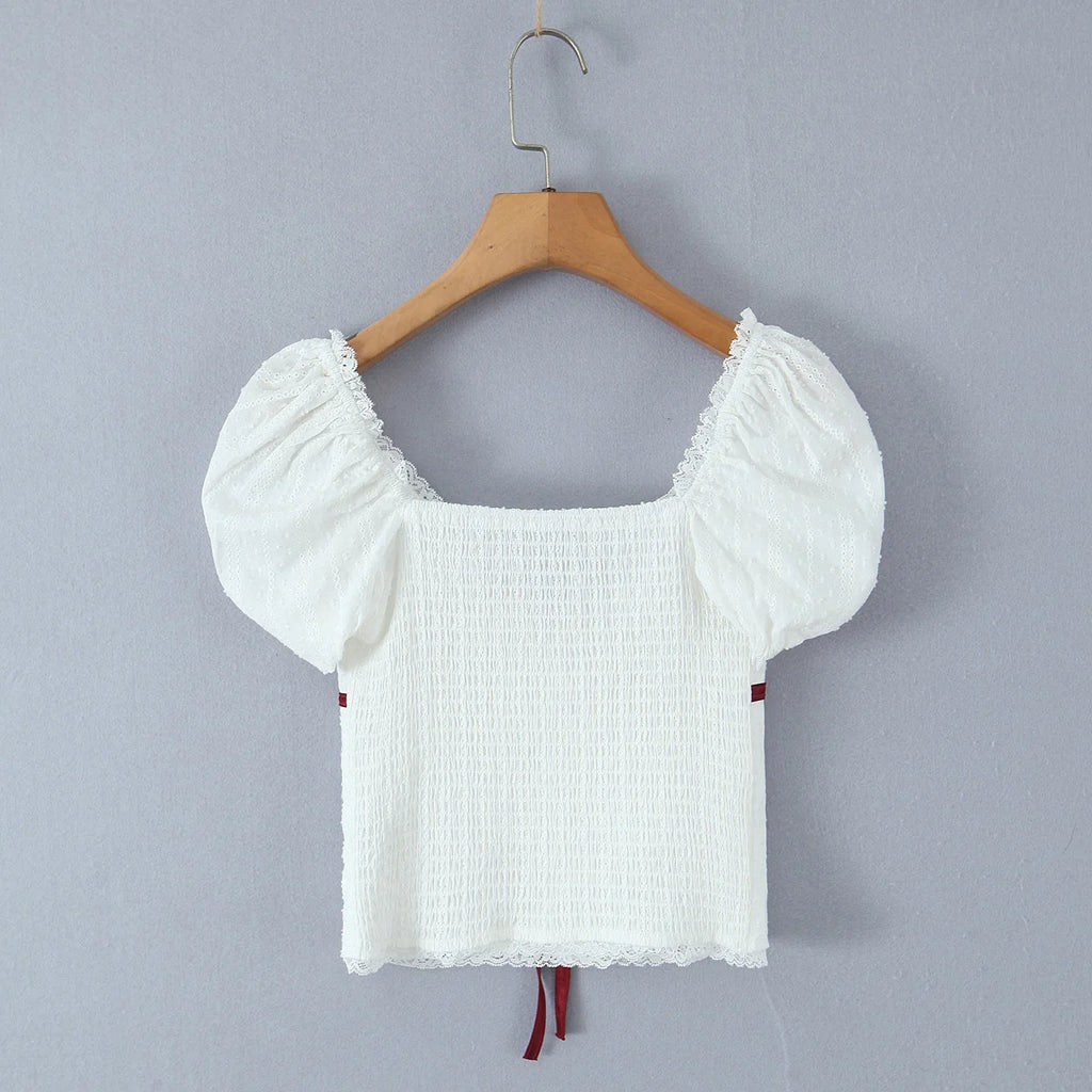 White Bow Detail Puff Sleeve V Neck Top With Vintage Charm And Flirty Slim Silhouette