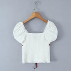 White Bow Detail Puff Sleeve V Neck Top With Vintage Charm And Flirty Slim Silhouette