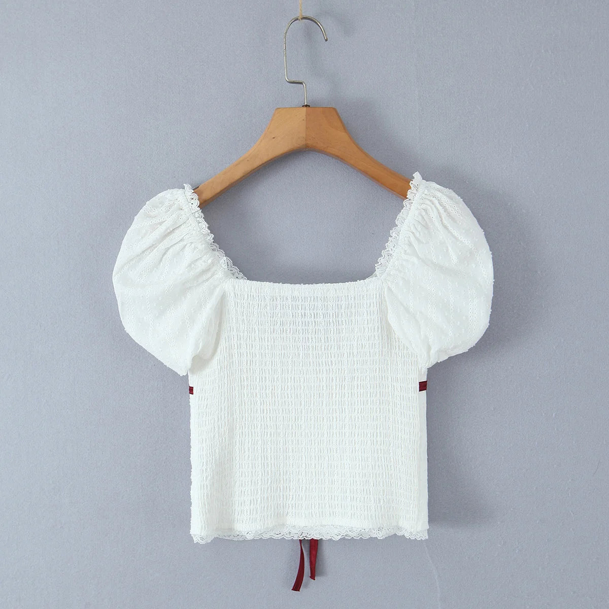 White Bow Detail Puff Sleeve V Neck Top With Vintage Charm And Flirty Slim Silhouette