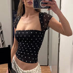 Dot Print Square Neck Mesh Tee