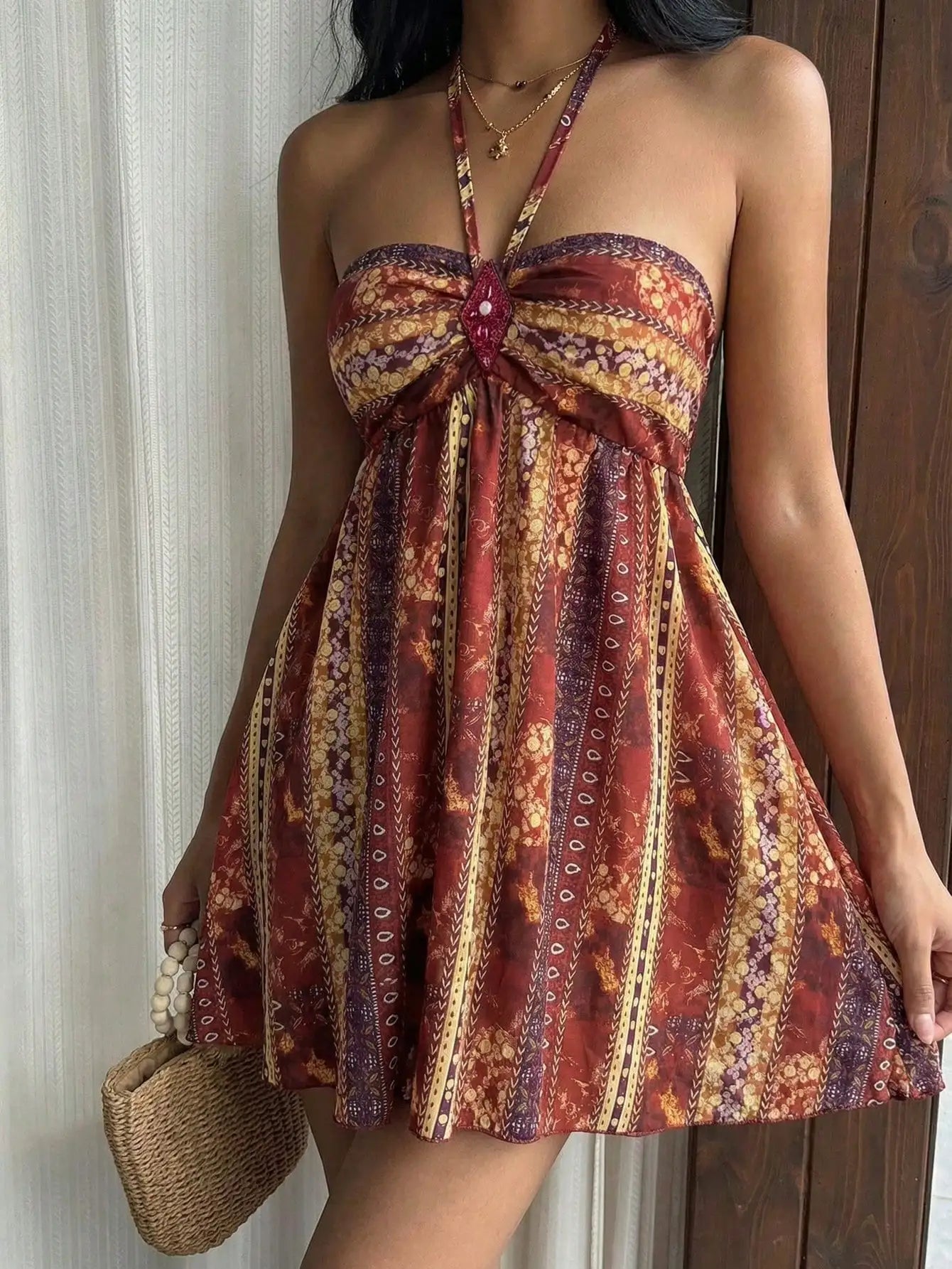 Bohemian Paisley Sequin Halter Mini Dress With Rhombus Print