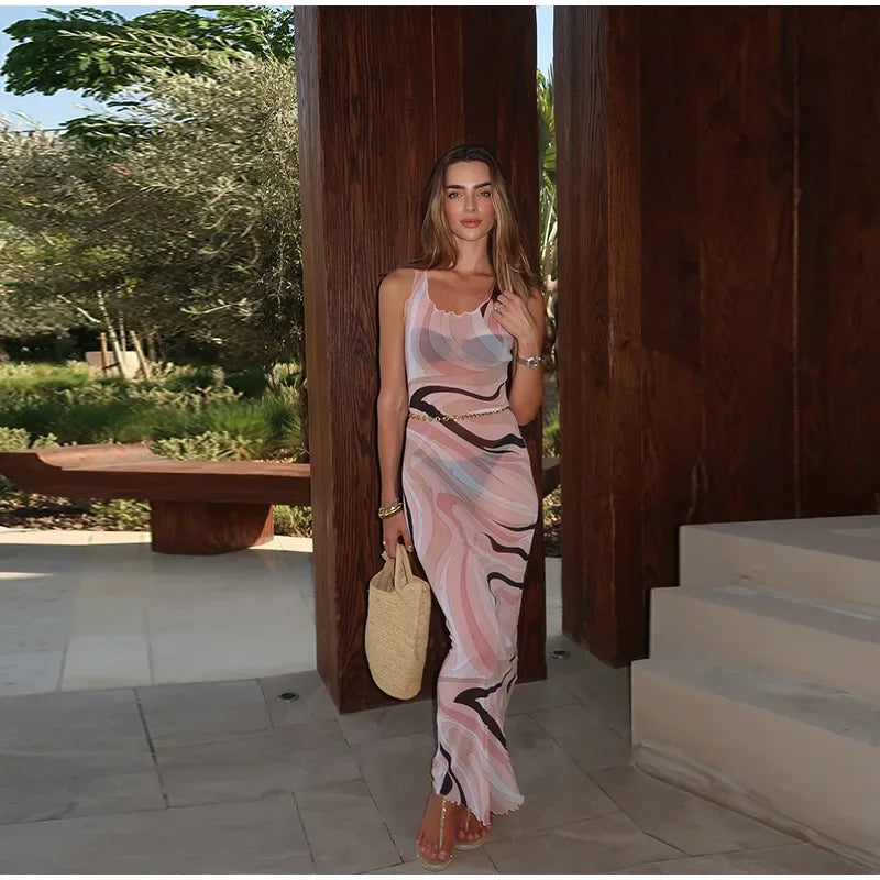 Sheer Mesh Body con Maxi Dress With Print