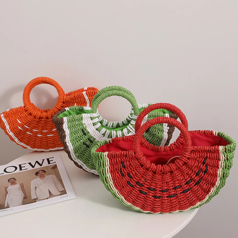 Handmade Watermelon Tangerine Straw Crossbody Bag For Women Boho Fruit Themed Shoulder Tote