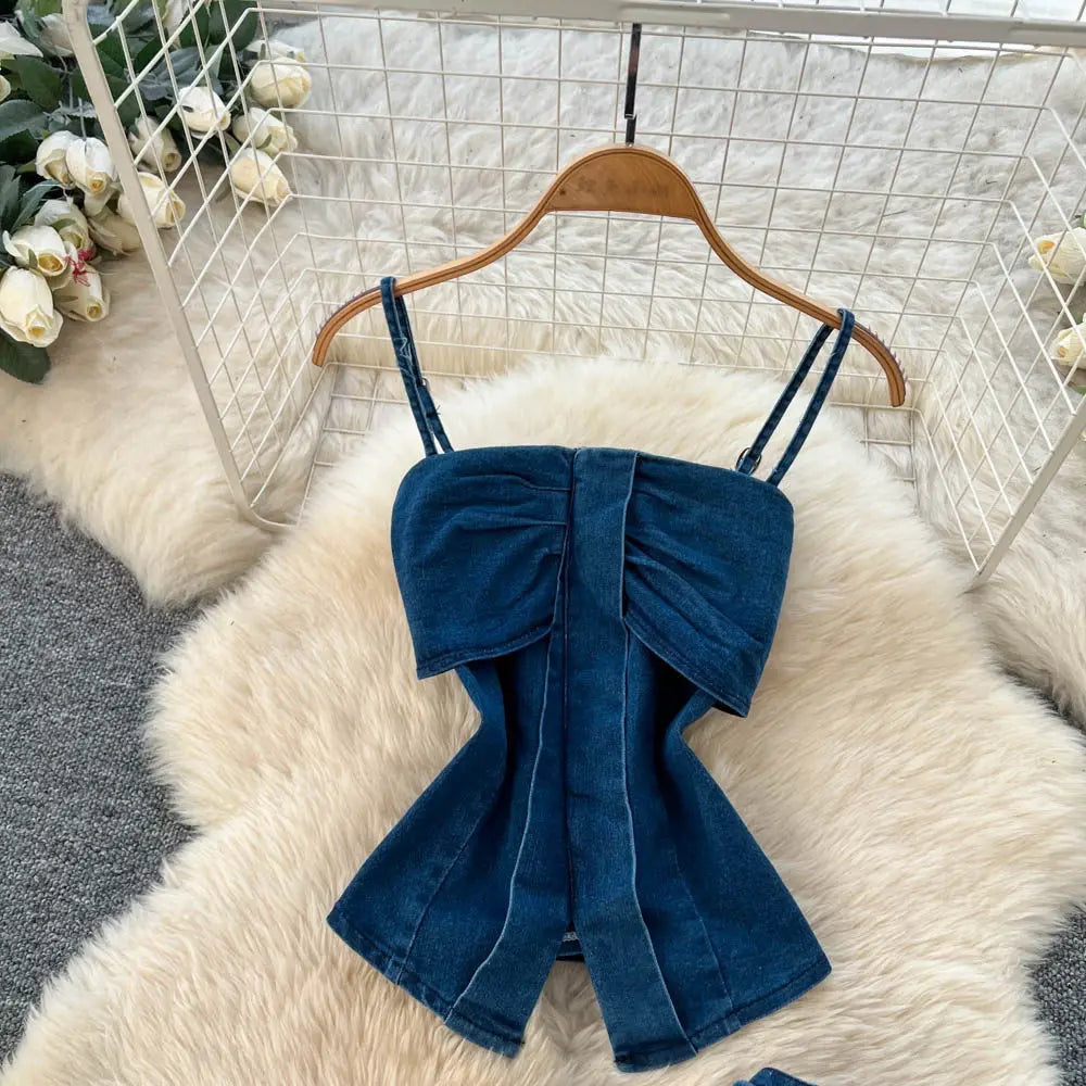 Denim Inspired Two Piece Set Strapless Top And High Waist Wide Leg Pants With Zipper