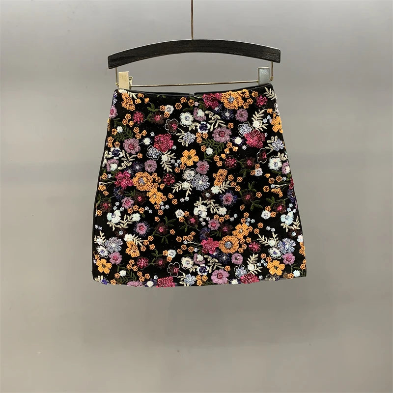 Floral Sequined Mini Skirt With High Waist Glam Inspired Retro Vibe