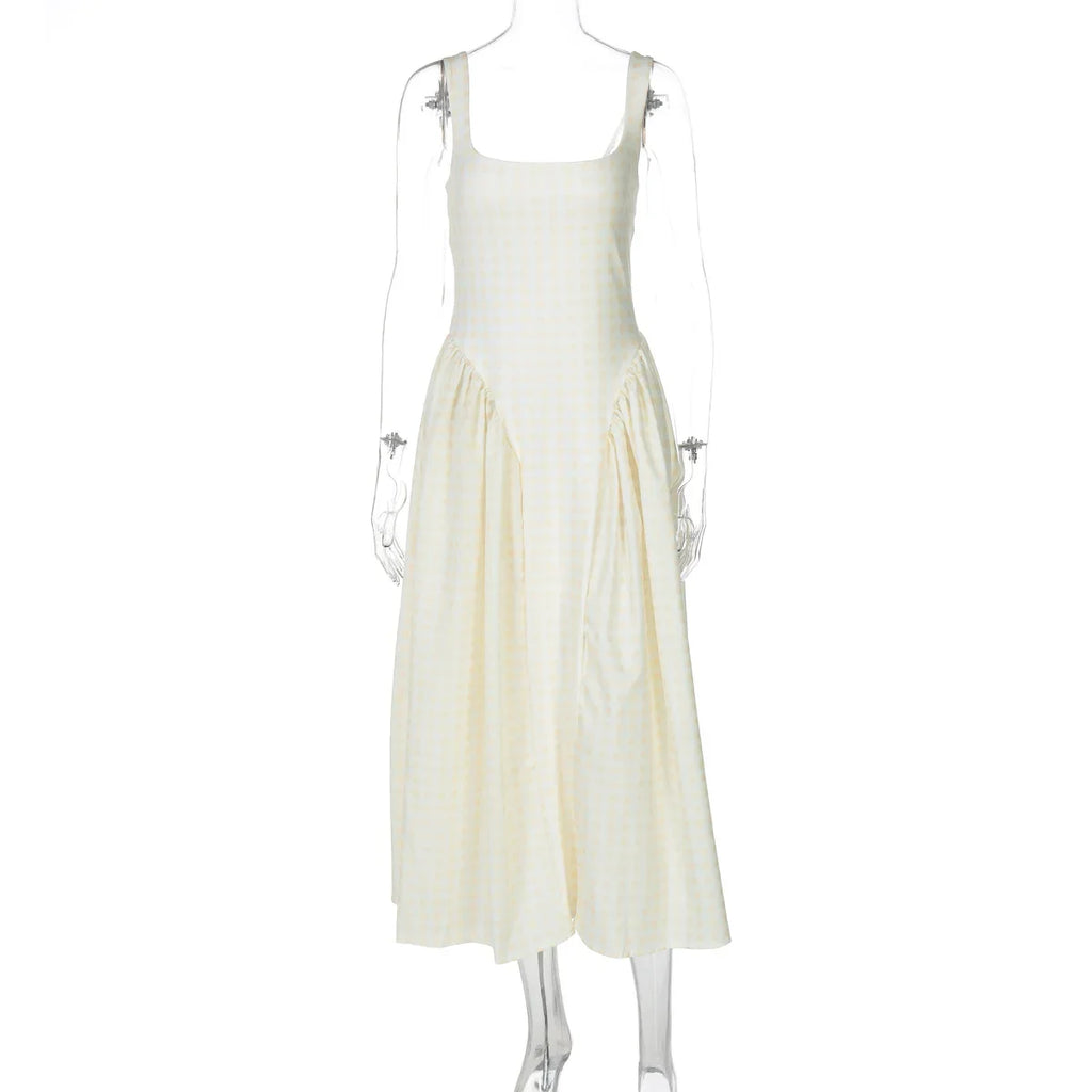 Gingham Square Neck A-Line Midi Dress With Pockets