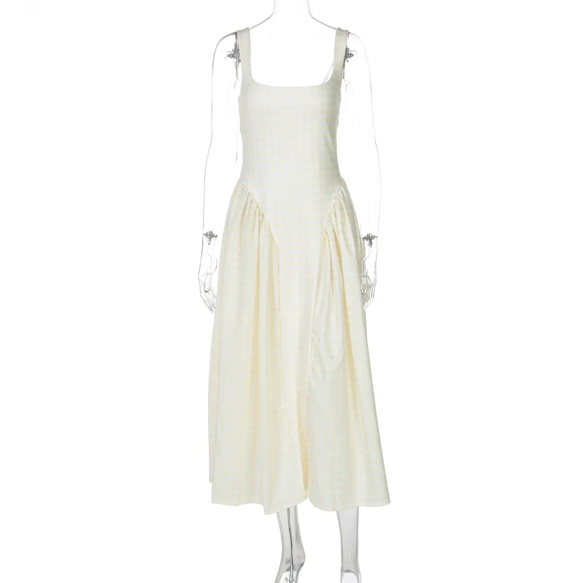 Gingham Square Neck A-Line Midi Dress With Pockets