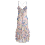 Gradient Floral Ruffles Chiffon Dress With V Neck Backless