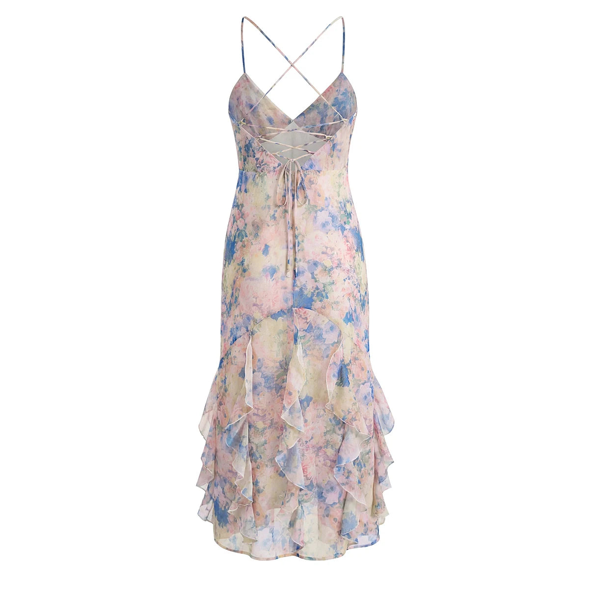 Gradient Floral Ruffles Chiffon Dress With V Neck Backless