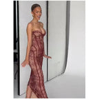 Elegant Backless Strapless Tulle Maxi Dress With Patchwork Print Off Shoulder Evening Gown