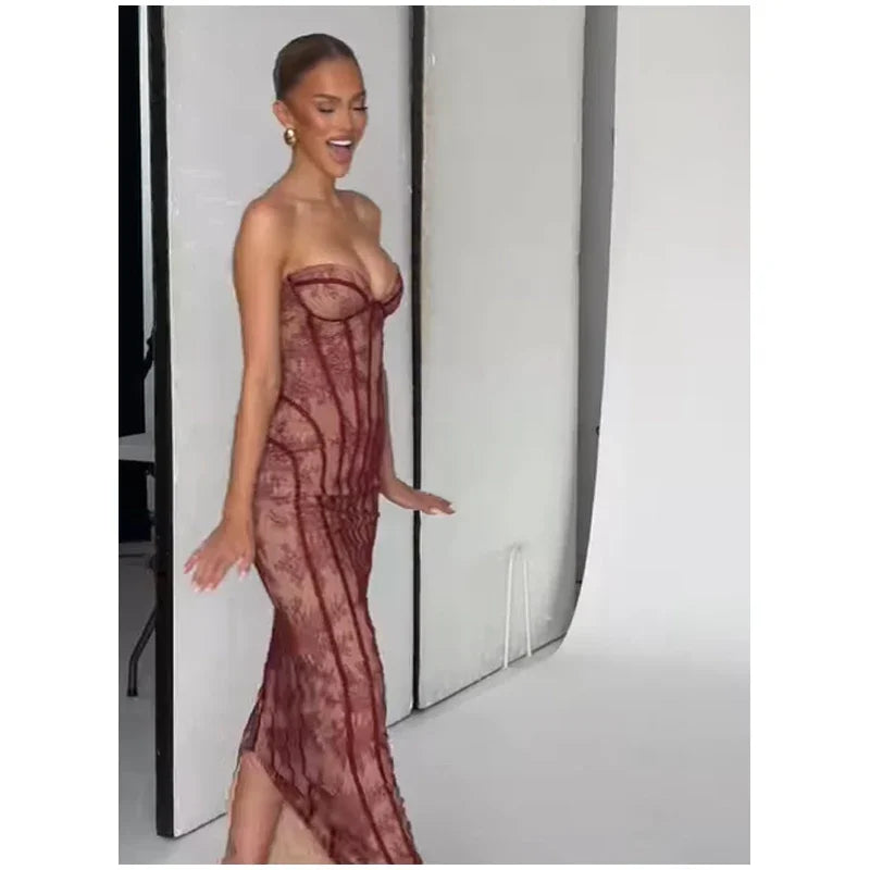 Elegant Backless Strapless Tulle Maxi Dress With Patchwork Print Off Shoulder Evening Gown