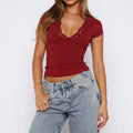 Lady Camisole Slim Fit Crop Top Summer Lace Trim Shirt Short Sleeve V Neck Tee