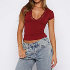 Lady Camisole Slim Fit Crop Top Summer Lace Trim Shirt Short Sleeve V Neck Tee