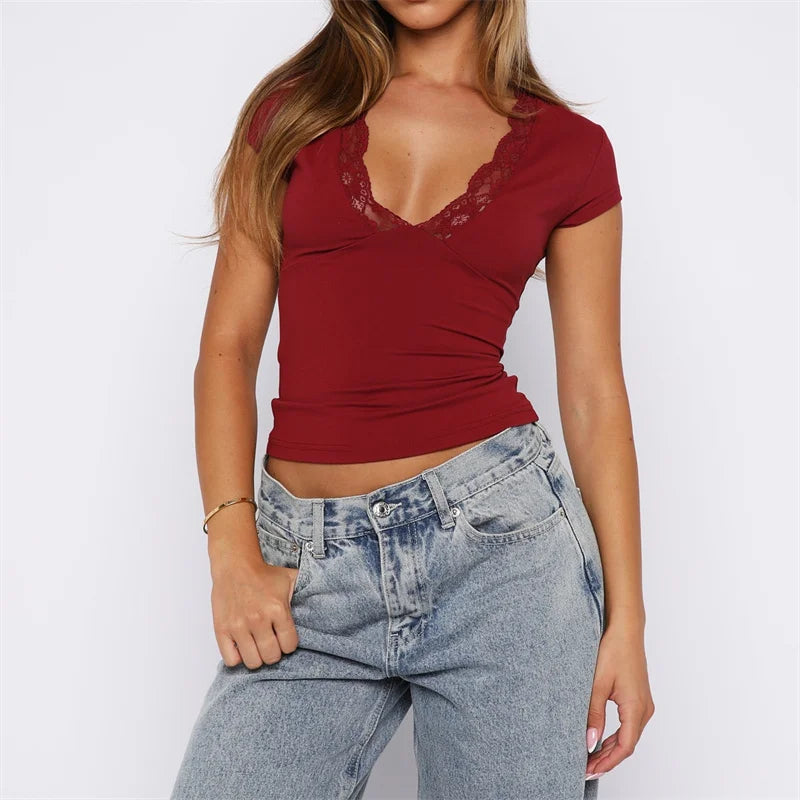 Lady Camisole Slim Fit Crop Top Summer Lace Trim Shirt Short Sleeve V Neck Tee