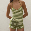 Vintage Cute 2 Piece Sexy Tie Backless Halter Crop Top + Skinny Mini Shorts Women Y2k Striped Short Set