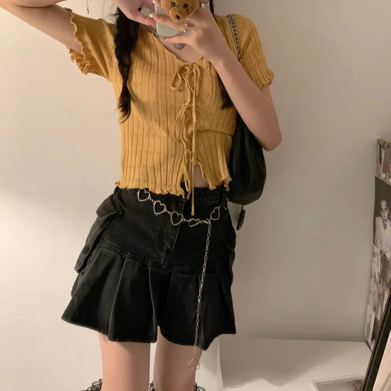 Soft Knit V Neck Cropped Ribbed Short Sleeve Tee