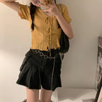 Soft Knit V Neck Cropped Ribbed Short Sleeve Tee