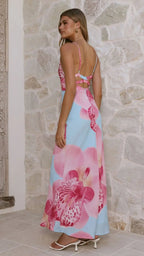 Sunlit Breeze Printed Strap Maxi Dress With V Neck Backless