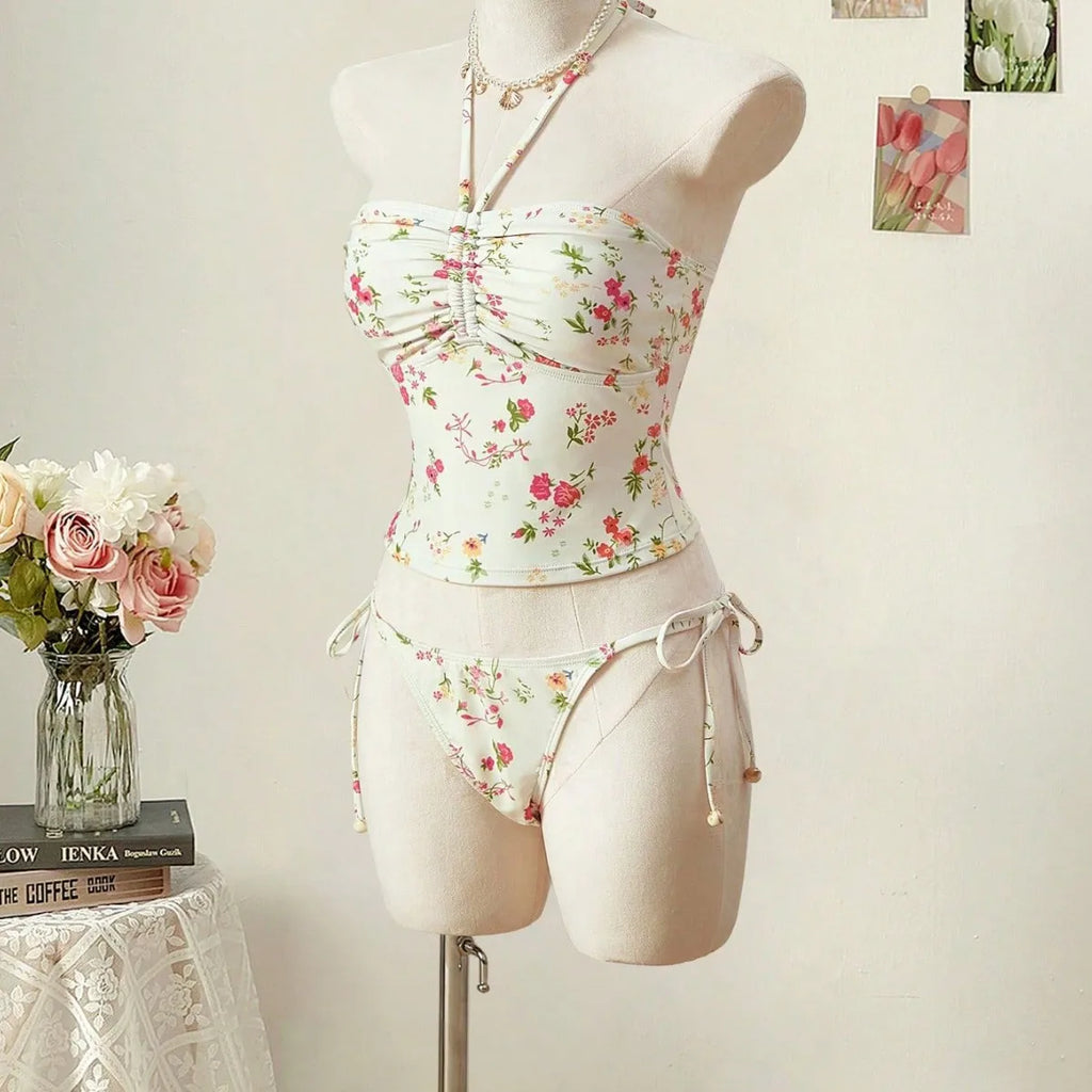 Floral Tankini Two Piece Swimsuit Halter Neck High Waist Backless Beachwear