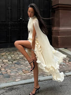 Ruffle Maxi Dress With Lapel V Neck Sleeveless Pleated High Waist