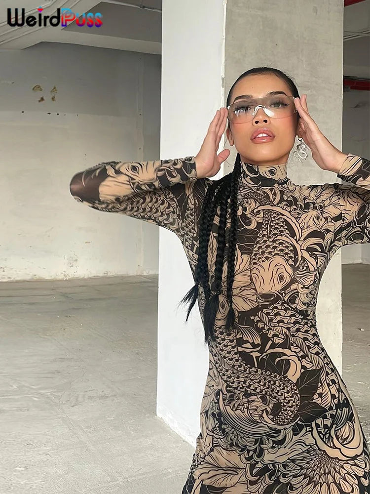 Mesh Print Maxi Bodycon Dress With Turtleneck And Long Sleeves